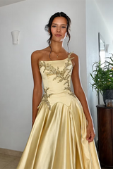 Pretty Daffodil Strapless Sleeveless Satin A-Line Prom Dresses Floor Length Gem With Lace-Up Back