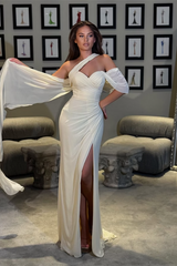 Graceful One Shoulder Asymmetrical Sweetheart Mermaid Satin Prom Dresses High Split With Pleats