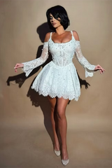 Chic Spaghetti-Straps Long Sleeves Lace Homecoming Dresses Mini With Pleats