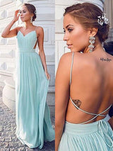 A-Line Spaghetti-Straps Sleeveless Long With Ruched Evening Dress Chiffon-ballbellauk