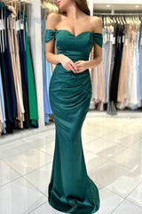 Amazing Classic Long Dark Green Off-the-shoulder Mermaid Sleeveless Evening Gown-ballbellauk