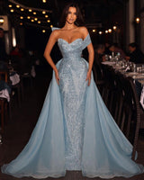 Amazing Long Blue A-line Off-the-shoulder Sleeveless Sequined Prom Dress With Detachable Train-ballbellauk
