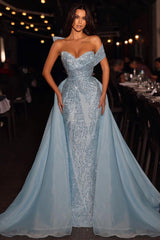 Amazing Long Blue A-line Off-the-shoulder Sleeveless Sequined Prom Dress With Detachable Train-ballbellauk