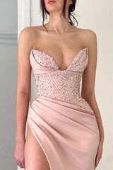 Amazing Peach V-neck Mermaid Evening Gown Long Classic Ball Dresses With Split Online-ballbellauk