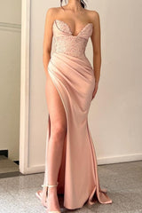 Amazing Peach V-neck Mermaid Evening Gown Long Classic Ball Dresses With Split Online-ballbellauk