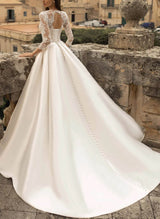 Ball-Gown Satin Wedding Dresses Stunning Lace Sleeves-Ballbella