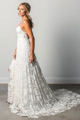 Beach Wedding Dress With Chapel Train White Chic V-Neck Sleeveless Sexy Backless Lace Split Long Bridal Gowns-Ballbella