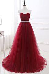 Beautiful Burgundy Long Prom Dress Tulle Crystal Evening Gown Sweetheart-ballbellauk