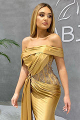 Beautiful Gold Mermaid Prom Dress Appliques With Ruffles Off-the-Shoulder-ballbellauk