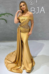 Beautiful Gold Mermaid Prom Dress Appliques With Ruffles Off-the-Shoulder-ballbellauk