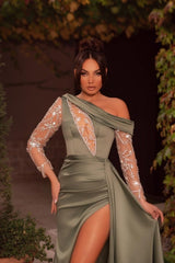 Beautiful One Shoulder Beading Split Evening Gown Long Ball Dresses With Long Sleeves-ballbellauk