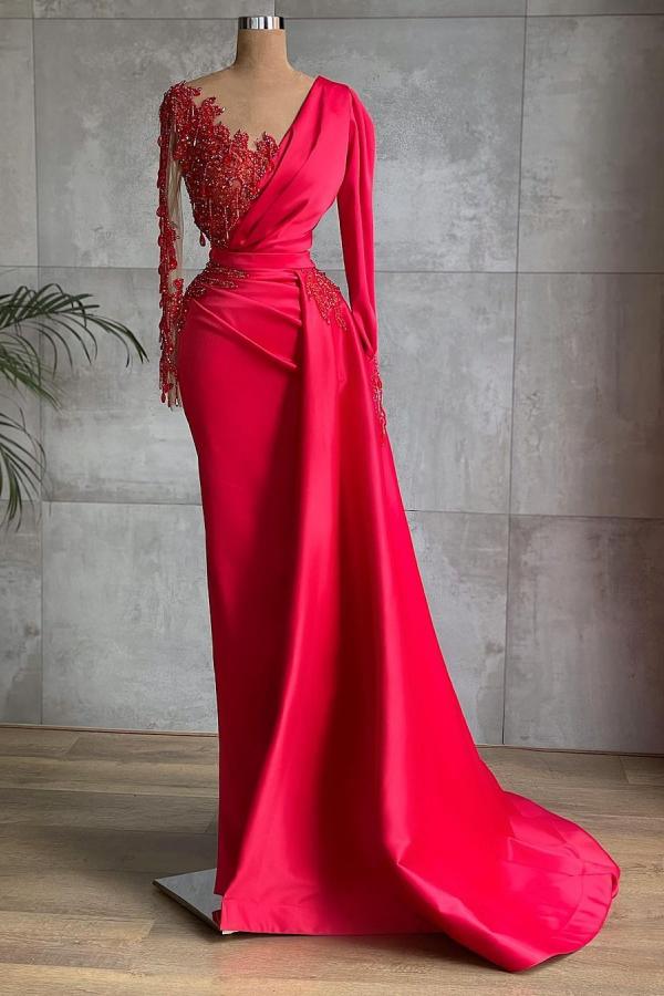 Beautiful Red Mermaid Evening Dress Lace Appliques Prom Gown
