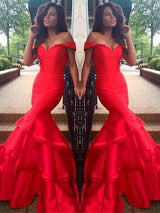 Beautiful Sleeveless Mermaid Off-the-Shoulder Satin Layers Prom Dress-ballbellauk