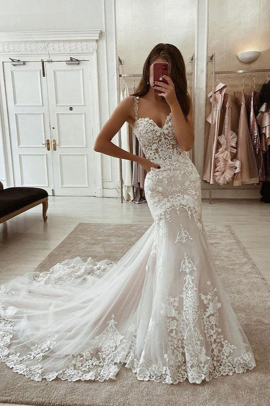 Beautiful Straps Lace Wedding Dress Mermaid Long Bridal Gown Sweethear ballbellauk Beautiful Straps Lace Wedding Dress Mermaid Long Bridal Gown Sweethear ballbellauk