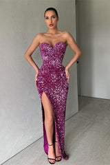 Beautiful Sweetheart Sequins Evening Dresses Mermaid Long Slit Evening Gowns-ballbellauk