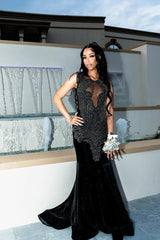 Black Beaded Sleeveless Round neck Mermaid Long Prom Dresses-Ballbella
