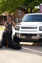 Black Keyhole Feathers High Split Mermaid Sequin Prom Dresses-Ballbella