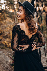 Black Long Sleeves Lace Evening Dress Tulle Party Gowns-Ballbella