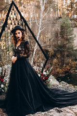 Black Long Sleeves Lace Evening Dress Tulle Party Gowns-Ballbella