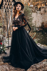 Black Long Sleeves Lace Evening Dress Tulle Party Gowns-Ballbella