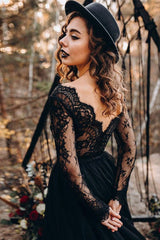 Black Long Sleeves Lace Evening Dress Tulle Party Gowns-Ballbella