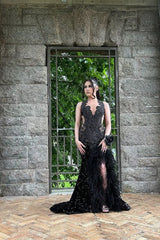 Black Open Back Sleeveless High Split Sequin Long Prom Dresses-Ballbella