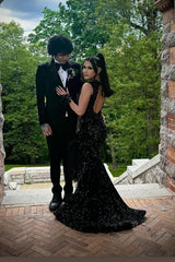 Black Open Back Sleeveless High Split Sequin Long Prom Dresses-Ballbella