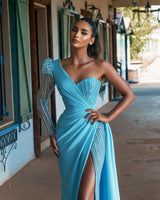 Blue Long Sleeve Prom Dress Mermaid Split With Sequins One Shoulder-ballbellauk