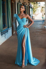 Blue Long Sleeve Prom Dress Mermaid Split With Sequins One Shoulder-ballbellauk