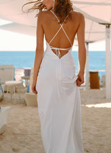 Boho Garden Summer Beach Charmeuse Wedding Dress Open Back Spaghetti Straps V-Neck-Ballbella