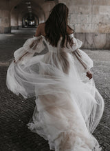 Boho Garden Tulle Off The Shoulder Long Sleeves A Line Wedding Dresses-Ballbella