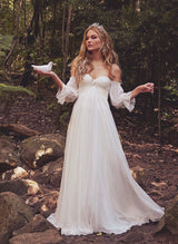 Boho Garden Wedding Dresses Off-the-Shoulder Long Sleeves Chiffon Sweep Train-Ballbella