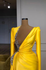 Bright Yellow V-neck Metallic Sequin Long sleeves Prom Dress-ballbellauk