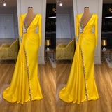 Bright Yellow V-neck Metallic Sequin Long sleeves Prom Dress-ballbellauk