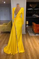 Bright Yellow V-neck Metallic Sequin Long sleeves Prom Dress-ballbellauk