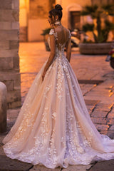 Cap sleeves Lace Sweetheart A-line Lace Flowers Wedding Dresses-Ballbella