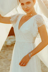 Casual Wedding Dress A Lne Chic V-Neck Short Sleeve Long Tulle Beach Wedding Party Dresses Bridal Gowns-Ballbella