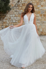 Casual White Wedding Dress A-Line Chic V-Neck Sleeveless Long Pleated Tulle Bridal Gowns-Ballbella