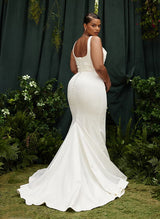 Charmeuse Mermaid Fitted Wedding Dress Cowl Neck Sleeveless Design Sweep Train-Ballbella
