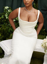 Charmeuse Mermaid Fitted Wedding Dress Cowl Neck Sleeveless Design Sweep Train-Ballbella