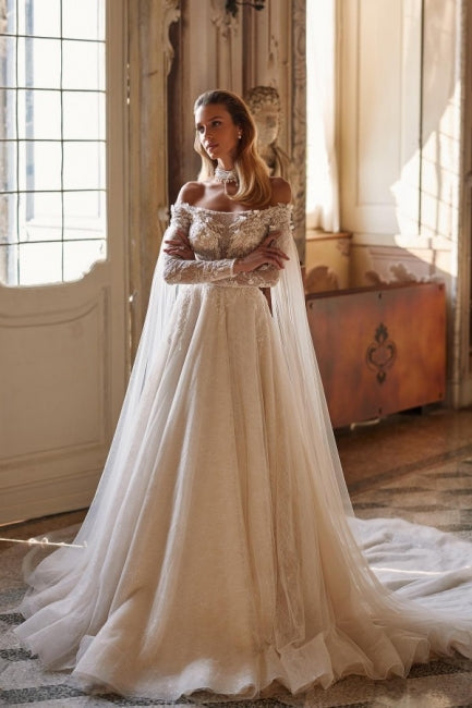 Charming Chic Off-the-Shoulder Long Sleevess Long Lace Bridal
