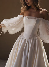 Chic A-line Off-The-Shoulder Long Sleeves Satin Wedding Dresses Pleated-Ballbella