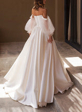 Chic A-line Off-The-Shoulder Long Sleeves Satin Wedding Dresses Pleated-Ballbella