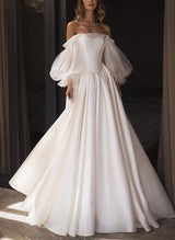 Chic A-line Off-The-Shoulder Long Sleeves Satin Wedding Dresses Pleated-Ballbella