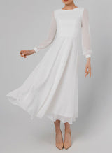 Chic A-line Scoop Neck Long Sleeves Chiffon Ankle-Length Wedding Dress Ruffle-Ballbella