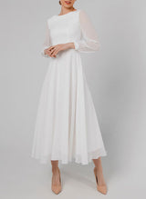 Chic A-line Scoop Neck Long Sleeves Chiffon Ankle-Length Wedding Dress Ruffle-Ballbella