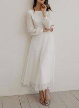 Chic A-line Scoop Neck Long Sleeves Chiffon Ankle-Length Wedding Dress Ruffle-Ballbella