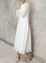 Chic A-line Scoop Neck Long Sleeves Chiffon Ankle-Length Wedding Dress Ruffle-Ballbella