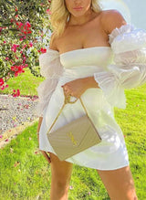 Chic A-line Square Neckline Little White Satin Tulle Wedding Dresses Long Sleeves-Ballbella