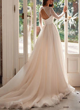 Chic A-line Square Neckline Long Sleeves Chiffon Wedding Dresses High Split-Ballbella